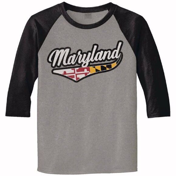 Maryland Flag Script 3/4 Sleeve Sport Style T-Shirt - NEW Fast Ship - Picture 1 of 5